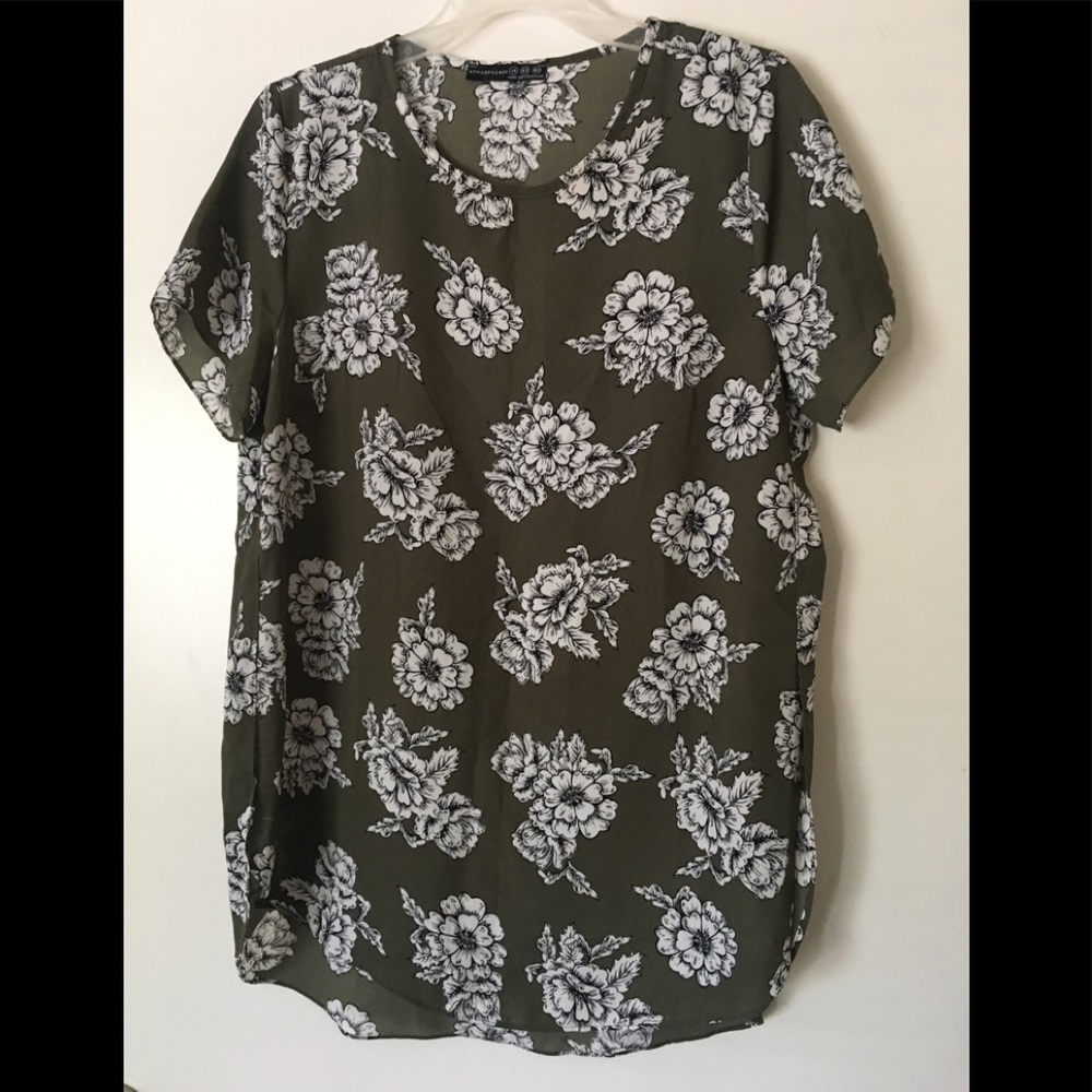 Olive green, white flowers print shirt.